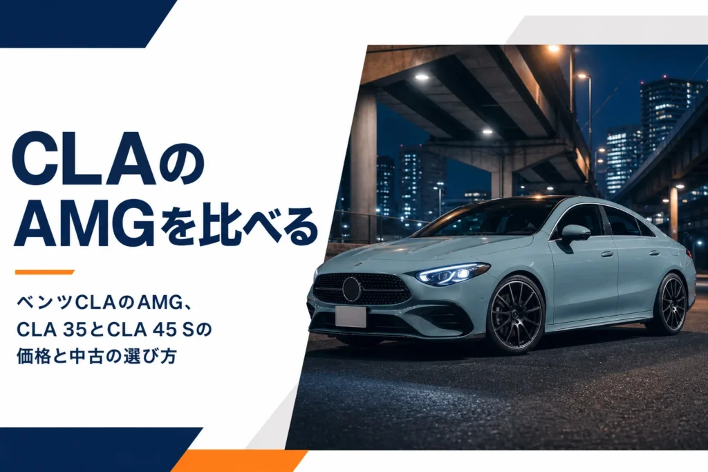 夜の街に止まるメルセデスAMG CLA