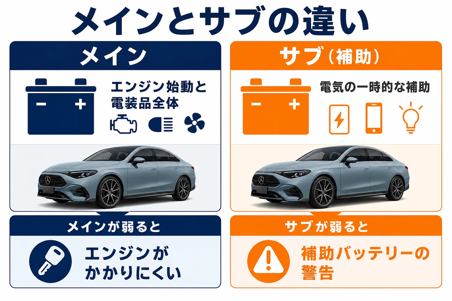 ベンツCLAのメインバッテリーとサブバッテリーの役割の違いを示した図解
