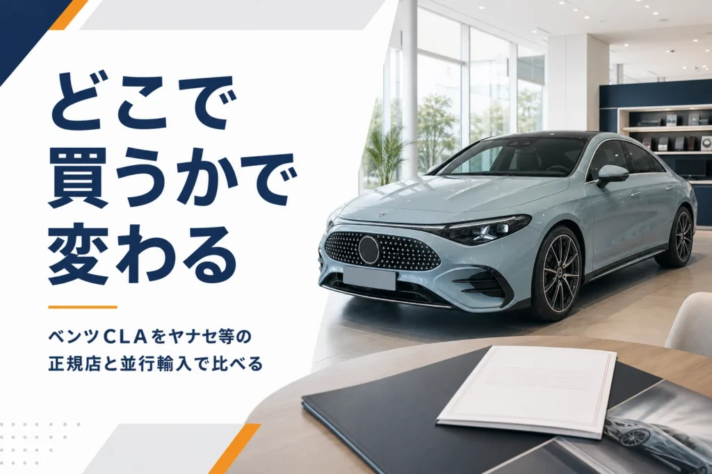 正規販売店に展示されたベンツCLAと保証書