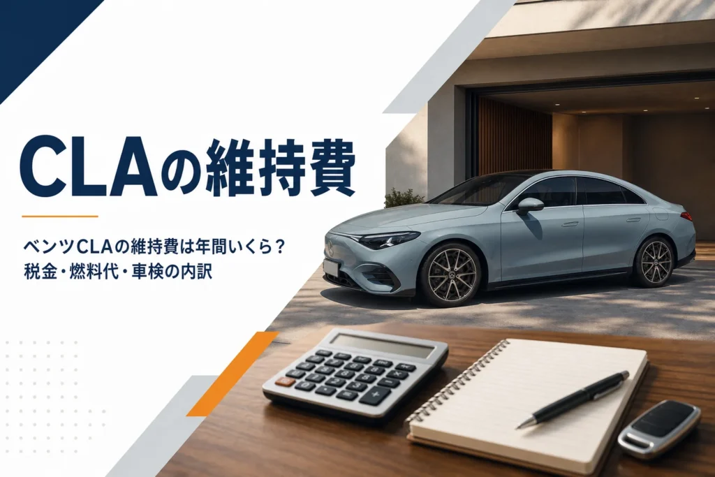 ガレージの車と電卓・ノートで維持費を考えるイメージ