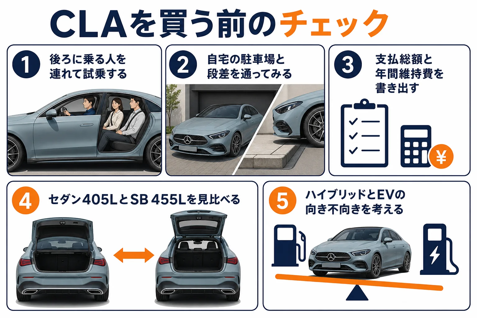 ベンツCLAを買う前に確かめる項目の図解