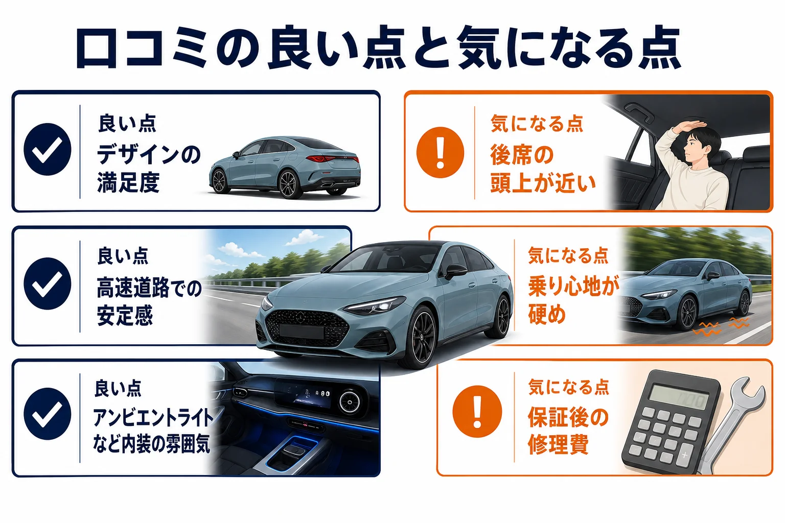 ベンツCLAの口コミで多い良い点と気になる点を項目別に比べた図解