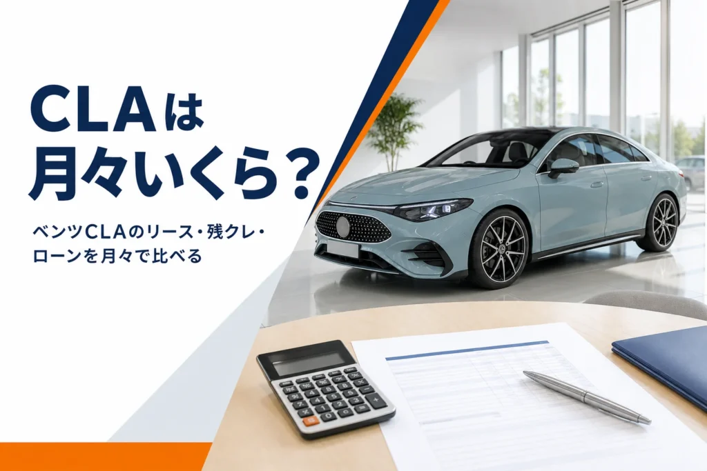 ショールームの4ドアクーペを背景にテーブルに置かれた見積書と電卓