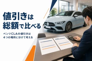 ベンツCLAの見積書を並べて値引きを比べる場面