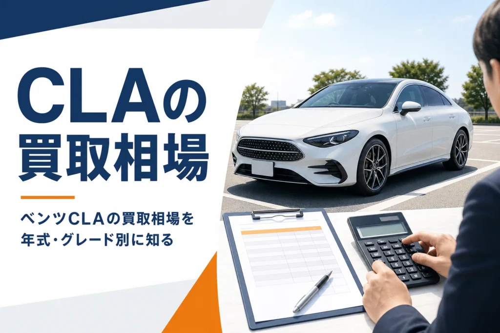 駐車場に停まった白い4ドアクーペと手前に置かれた査定表と電卓
