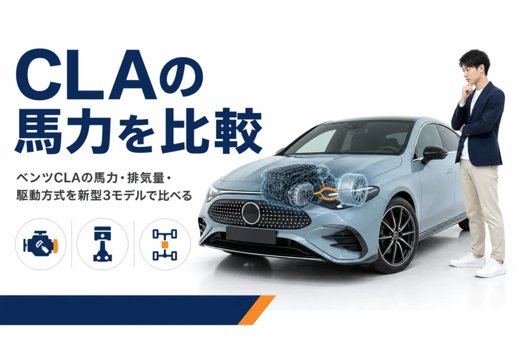 新型ベンツCLAセダンとエンジン・モーターのイメージ