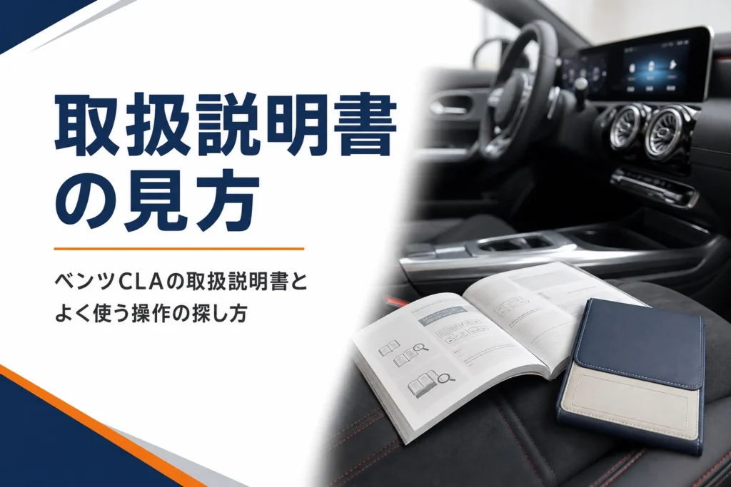 4ドアクーペの運転席に置かれた開いた取扱説明書と車検証ケース