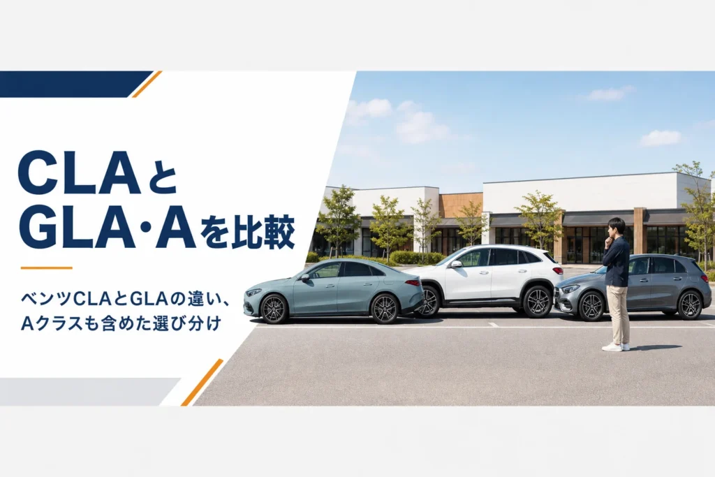 駐車場に並ぶ4ドアクーペとコンパクトSUVとハッチバック