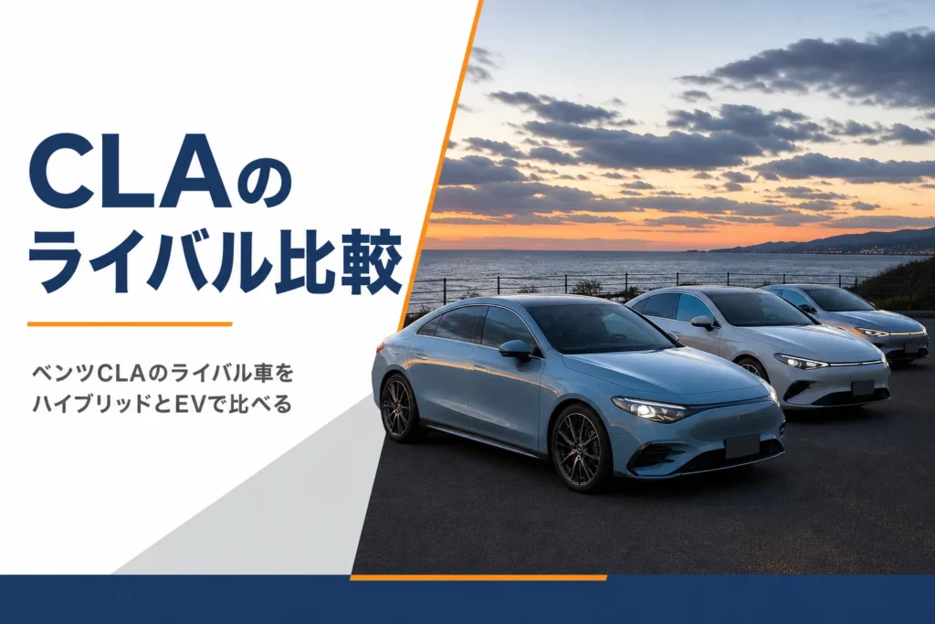 海沿いの道に並ぶコンパクトな4ドアクーペとEVセダン
